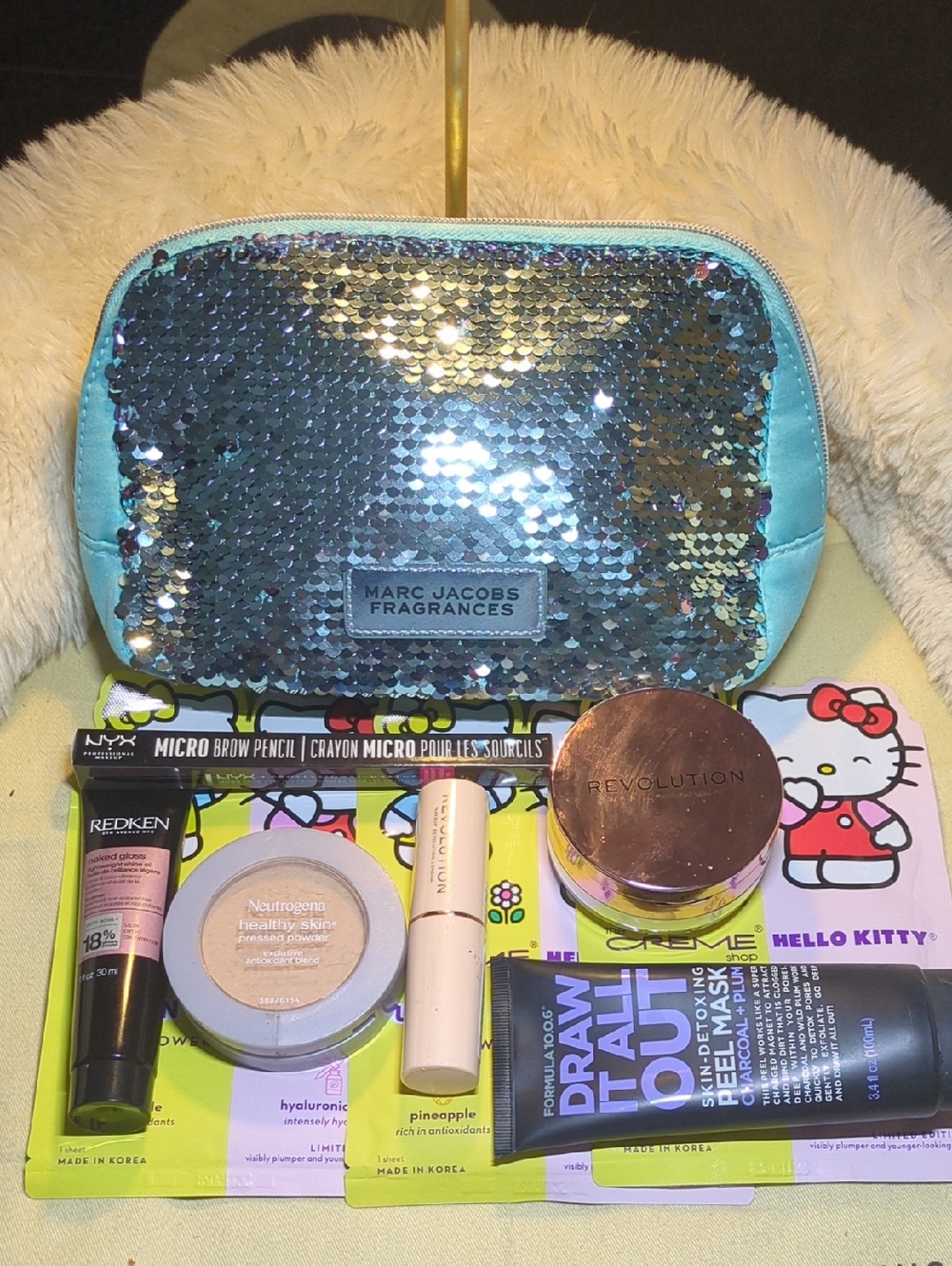 Marc Jacobs Blue Sequin Cosmetic Pouch with Makeup Tools NOW ONLY $50 WOW